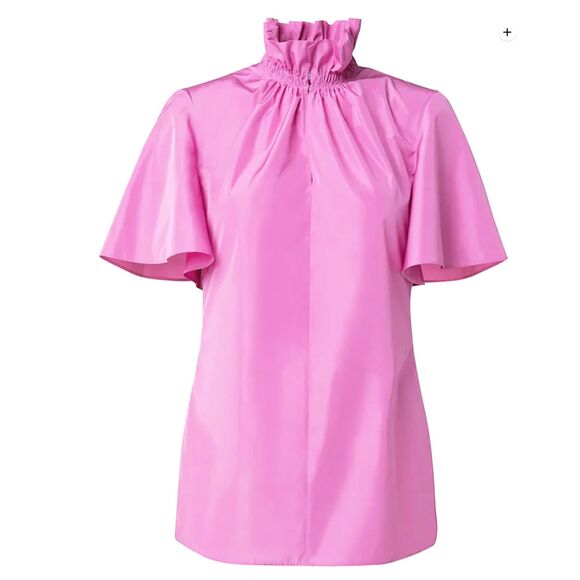 Akris Punto Pink Techno Taffeta Ruffle Neck Blouse Barbiecore $595 L US 12